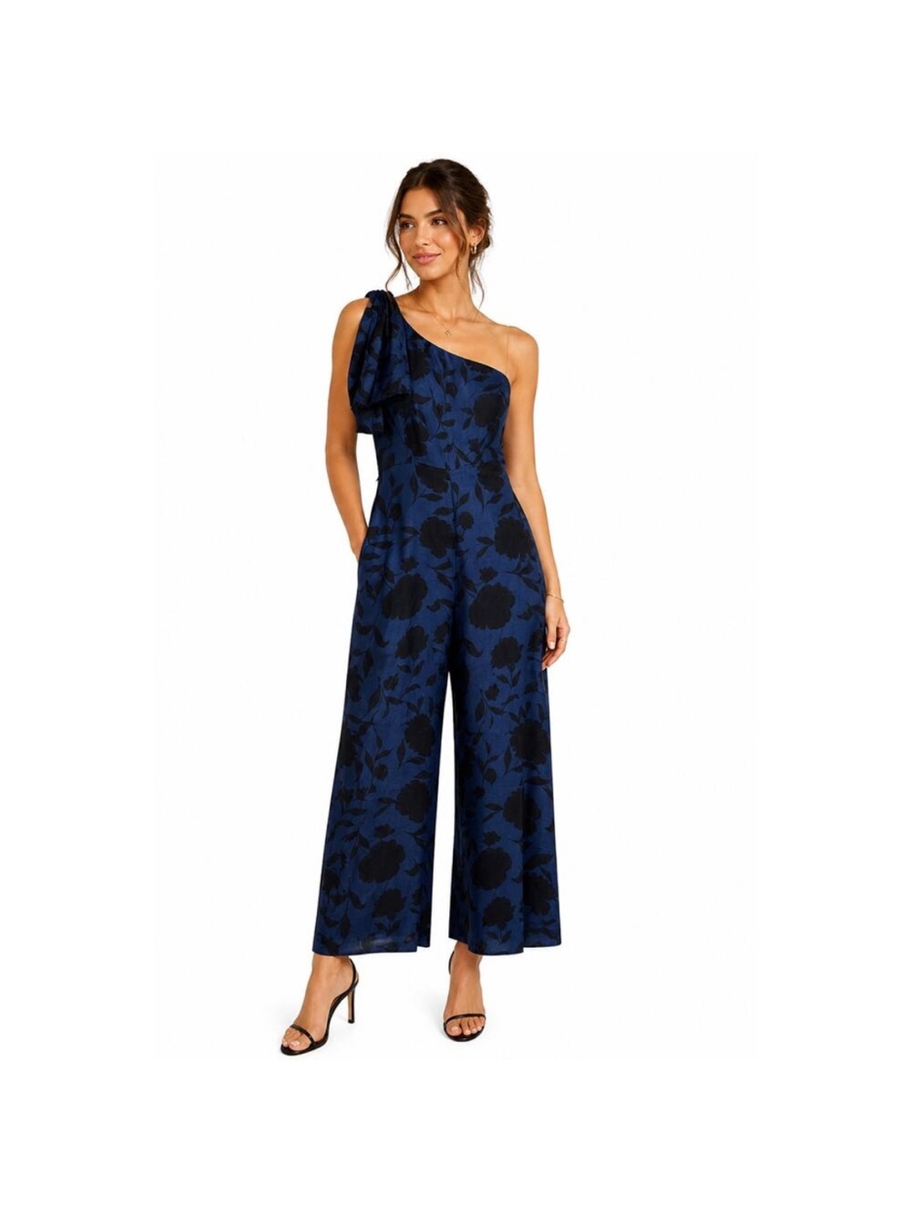 One-Shoulder Navy Floral Jacquard Jumpsuit with Tie Shoulder